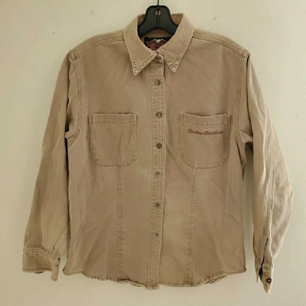 Harley Davidson Beige Denim Long Sleeve Button Front Shirt